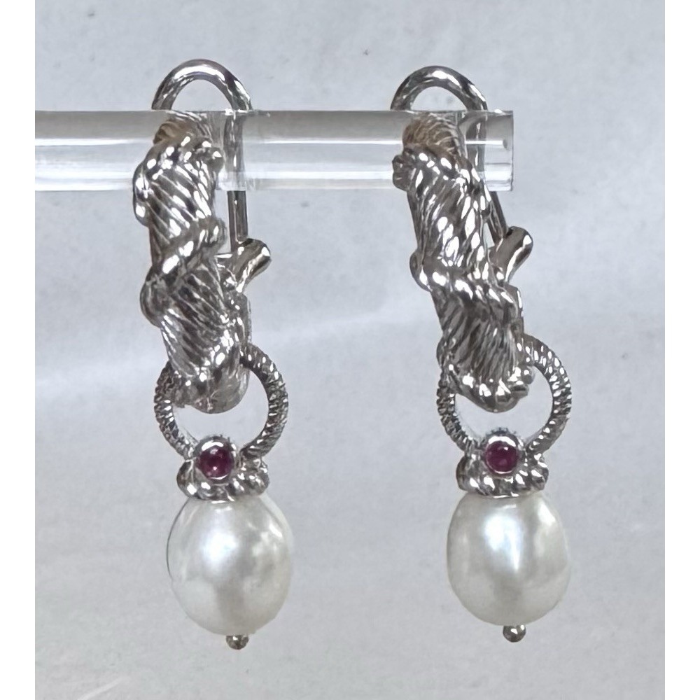 Vintage Judith Ripka Pearl Drop Earrings 925 Sterling Silver Hoop Dangle